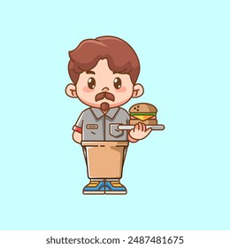 Cute camarero servir hamburguesa kawaii chibi personaje mascota ilustración esquema estilo diseño conjunto