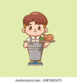 Cute waiter serve roasted chicken kawaii chibi character mascot illustration outline style design set