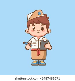 Cute waiter take note kawaii chibi character mascot illustration outline style design set