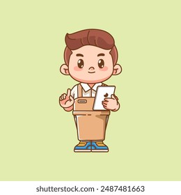Cute waiter take order on tablet kawaii chibi character mascot illustration outline style design set