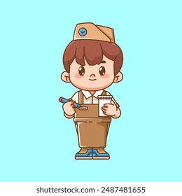 Cute waiter takes note kawaii chibi character mascot illustration outline style design set