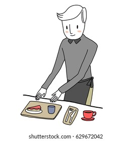 Cute waiter with waist apron serving and placing a cup of coffee, a tray of dessert and drink on the table. Vector illustration with hand-drawn style