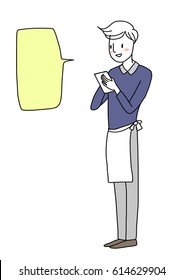 Cute waiter with white waist apron taking order. Word bubble is included. Vector illustration with hand-drawn style.