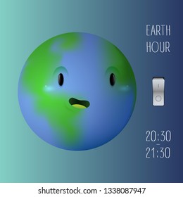 cute waiting earth character looking at a ligths swithcer on a lue gradient background as an earth hour banner