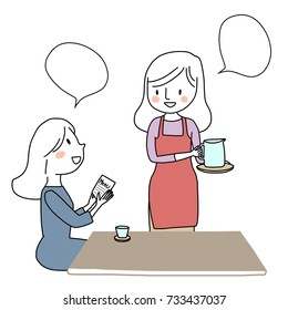 Cute waitress with apron holding a jug of water, serving drink and waiting for food order from pretty woman in coffee shop. Word balloons included. Vector illustration with hand-drawn style.