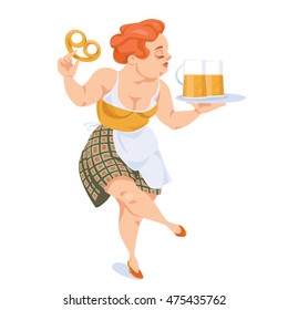 Cute waitress with beer and pretzel , vector illustration in cartoon style