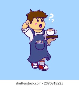 Cute Waitress Boy Holding Coffe Cup Cartoon Vector Icons Illustration. Flat Cartoon Concept. Suitable for any creative project.