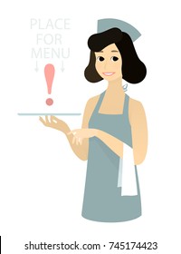 Cute waitress girl with apron, she holding tray and tovel, pointing in a welcome gesture to menu list blank sample text space balloon. Vector illustration, retro vintage pin-up and flat style isolated