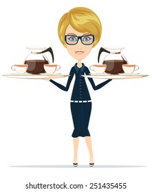 Cute waitress holding a tray of coffee, vector illustration