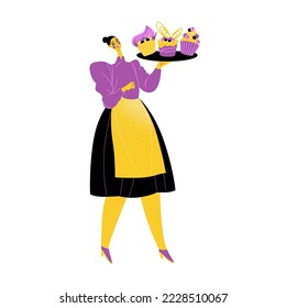 A cute waitress is holding a tray of cupcakes. Flat style isolated illustration for cafe or bakery banner design