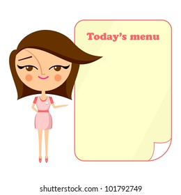 Cute waitress showing today's menu (vector version)