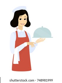 Cute waitress with the tray dish.Cartoon vector flat illustration retro design.