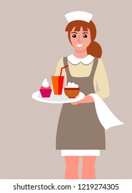 Cute waitress with tray. Girl in uniform