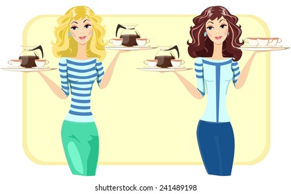 Cute waitress with a tray of tea and coffee in the restaurant, vector illustration