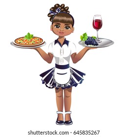 Cute waitress with a tray. Vector illustration.