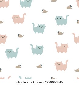 Cute Walking Cat and Mouse Vector Cartoon Seamless Pattern can be use for background and apparel design