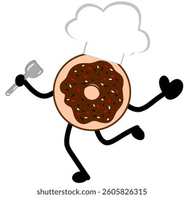 Cute Walking Donut Chef Vector Illustration: A Playful Cartoon Design with a Happy Donut Wearing a Chef Hat and Holding a Spatula