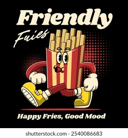 Cute Walking French Fries Food Cartoon Character Mascot Vector Illustration in Retro 70s 80s Groovy Style for Bar Restaurant poster, flyer, brochure, invitation, greeting card, banner