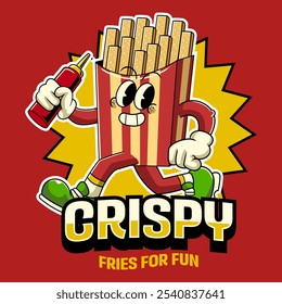 Bonito Andar Francês Fritas Comida Cartoon Personagem Mascote Vetor Ilustração em Retro 70s 80s Groovy Estilo para Bar Restaurante cartaz, folheto, convite, cartão de saudação, banner