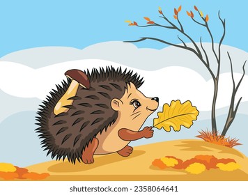 Cute walking hedgehog against the background of an autumn landscape. Vector