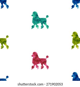 Cute walking poodle dog silhouettes filled with colorful watercolor seamless pattern - eps 8 file