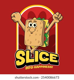 Cute Walking Sandwich Food Retro 70s 80s Cartoon Character Mascot Vector Illustration in Groovy Style for Bar Restaurant poster, flyer, brochure, invitation, greeting card, banner