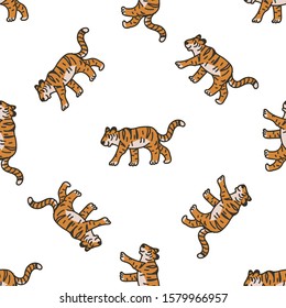 Cute Walking Tiger Cartoon Seamless Vector Pattern. Hand Drawn Widlife Big Cat Tile. All Over Print For Nature Blog, Feline Graphic, Carnivore Home Decor. 