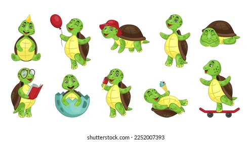 Tortuga de paseo, actividades de tortuga. Vida silvestre feliz en biología, animales verdes en zoológicos en diferentes poses, cómics naturales. Mascota del reptil, caricatura del cuerpo del vector del personaje feliz ilustración aislada