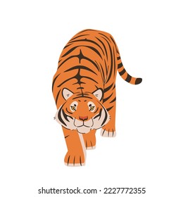 Cute walking wild tiger. Hand drawn vector colorful flat cartoon style illustration on white background