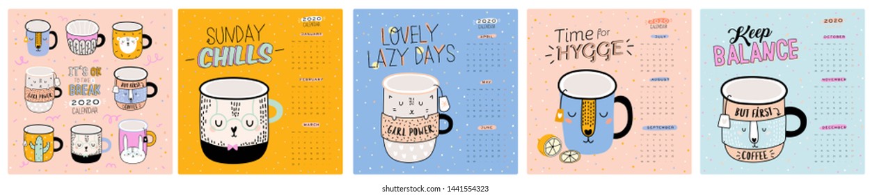 Cute wall calendar. 2020 Yearly Planner with all Months. Good Organizer and Schedule. Trendy illustration -  animal cartoon coffee cups and motivational quotes. Vector background