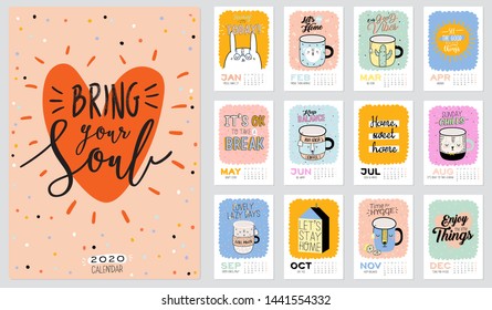 Cute wall calendar. 2020 Yearly Planner with all Months. Good Organizer and Schedule. Trendy illustration -  animal cartoon coffee cups and motivational quotes. Vector background