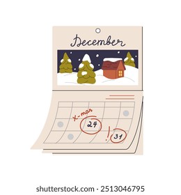 Cute wall calendar with December. Countdown of winter holidays advent. Marked numbers, days of Christmas and New Year on page. Xmas decoration. Flat isolated vector illustration on white background