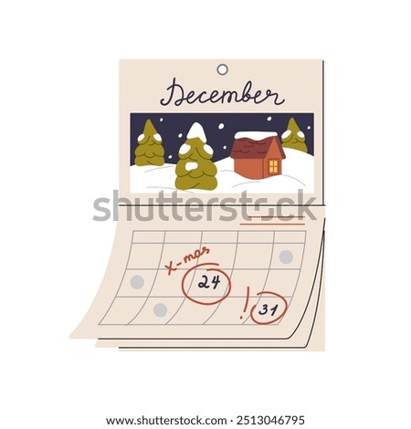 Cute wall calendar with December. Countdown of winter holidays advent. Marked numbers, days of Christmas and New Year on page. Xmas decoration. Flat isolated vector illustration on white background