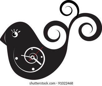 Cute wall clock bird sticker. Colorful vector illustration