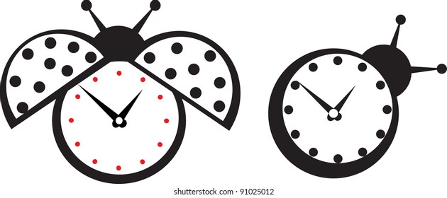 Cute wall clock ladybird sticker. Colorful vector illustration