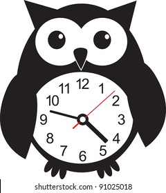 Cute wall clock owl sticker. Colorful vector illustration