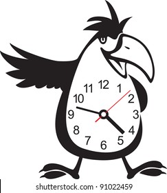 Cute wall clock parrot sticker. Colorful vector illustration