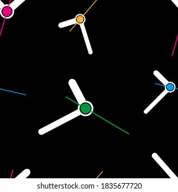 Rellena los relojes de pared sobre el fondo negro con un patrón sin fisuras.