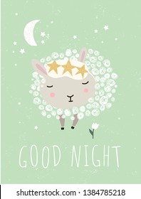 Cute wall interior poster, card or picture for the children's room. Vector drawn illustration of an animal lamb or ram with the inscription "Good night". Drawing in the nursery.
 
