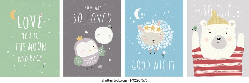 Cute wall interior poster, card or picture for the children's room. Vector drawn illustration of an animal bear, bird and sheep.  Drawing in the nursery