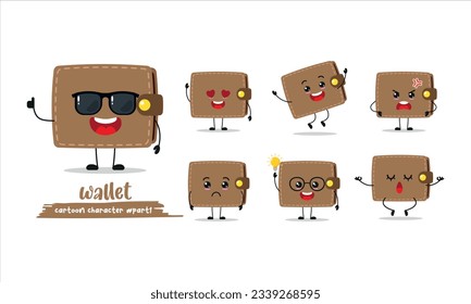 cute wallet cartoon with many expressions. different activity pose vector illustration flat design set with sunglasses.