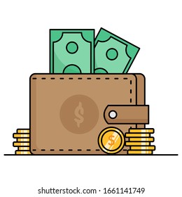 cute wallet icons with money and gold coin on white background