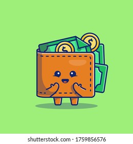 Cute Wallet Money Cartoon Vector Icon Illustration. Business And Finance Icon Concept Isolated Premium Vector. Flat Cartoon Style