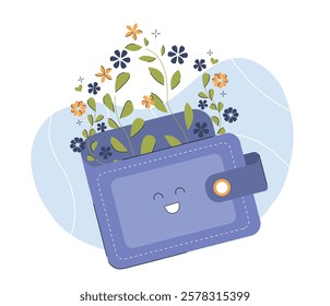 Cute wallet with a smiling face and plants growing from it, adorned with colorful flowers. Abstract light blue background. Concept of eco-friendly finance. Vector illustration