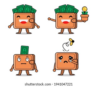 cute wallet vector set, money saving concept illustrations, character mascots with various poses and expressions