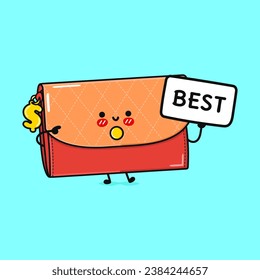 Cute Wallet for women with poster best. Vector hand drawn cartoon kawaii character illustration icon. Isolated on blue background. Wallet for women think concept