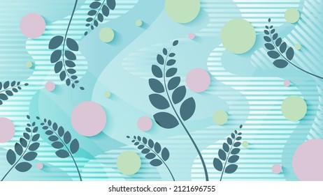 Cute wallpaper in gentle colors. Overlapping wavy striped shapes in turquoise azure tones, smoothly curved branches with leaves, circles of different sizes. Vector. 