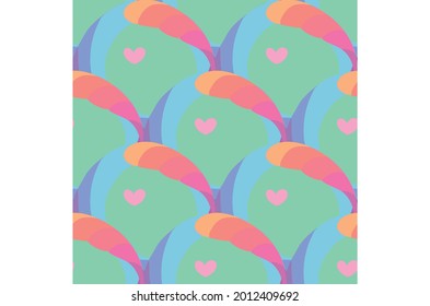 Cute Wallpaper Rainbow Pattern with Pastel Pink Hearts on Light Green Background