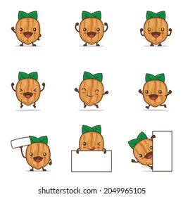 caricatura de nogal lindo, ilustración portadora de frijol, con expresiones faciales felices y diferentes poses, aisladas en un fondo blanco