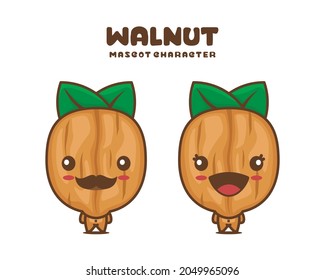 cute walnut cartoon mascot, bean vector illustration, isolated on white background